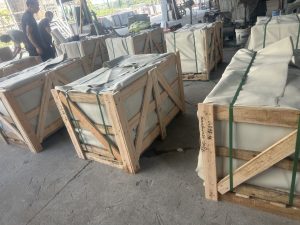Cut-to-size granite paving stacked ready for packing