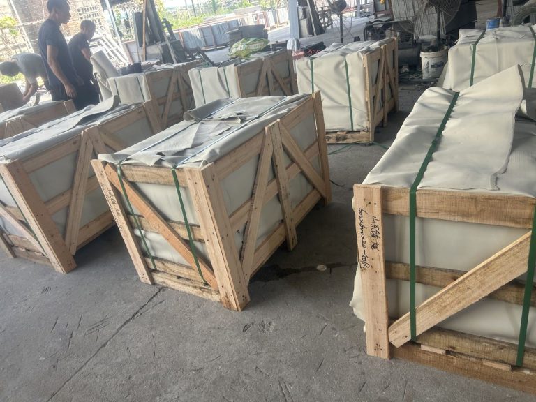 Cut-to-size granite paving stacked ready for packing